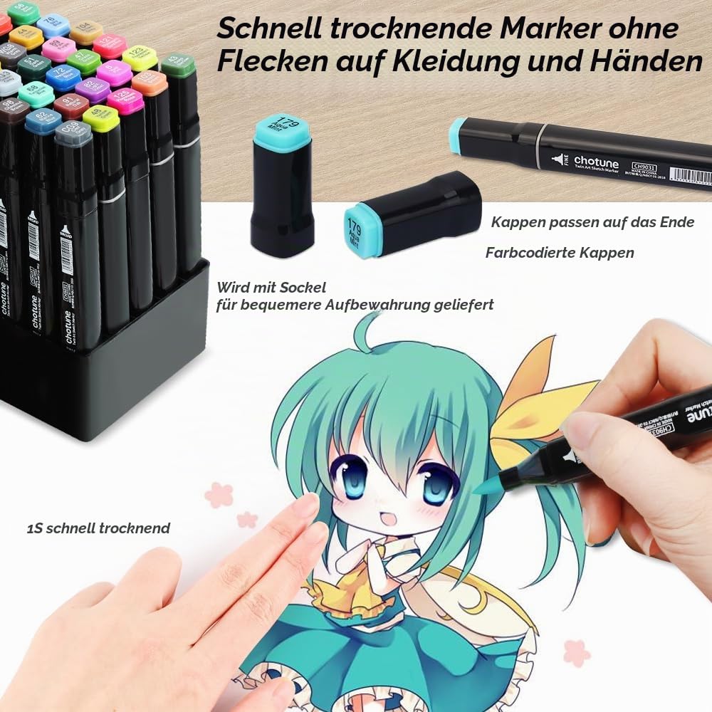 CHOTUNE Alkoholmarker 168 Farben,Markierungsstift mit Pinselspitze & Feiner Spitze,Doppelendige Marker für Zeichnen Skizzieren Manga Anime,mit Aufbewahrungsbasis & Tragetasche,Schnelltrocknend