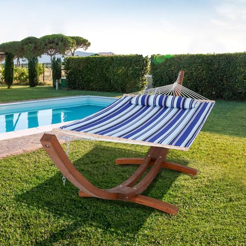 Image of SUNCREAT Hammocks 2 Person Hammock with Stand, Portable Patio Hammock with 13.5 ft Wooden Stand, Blue Stripes