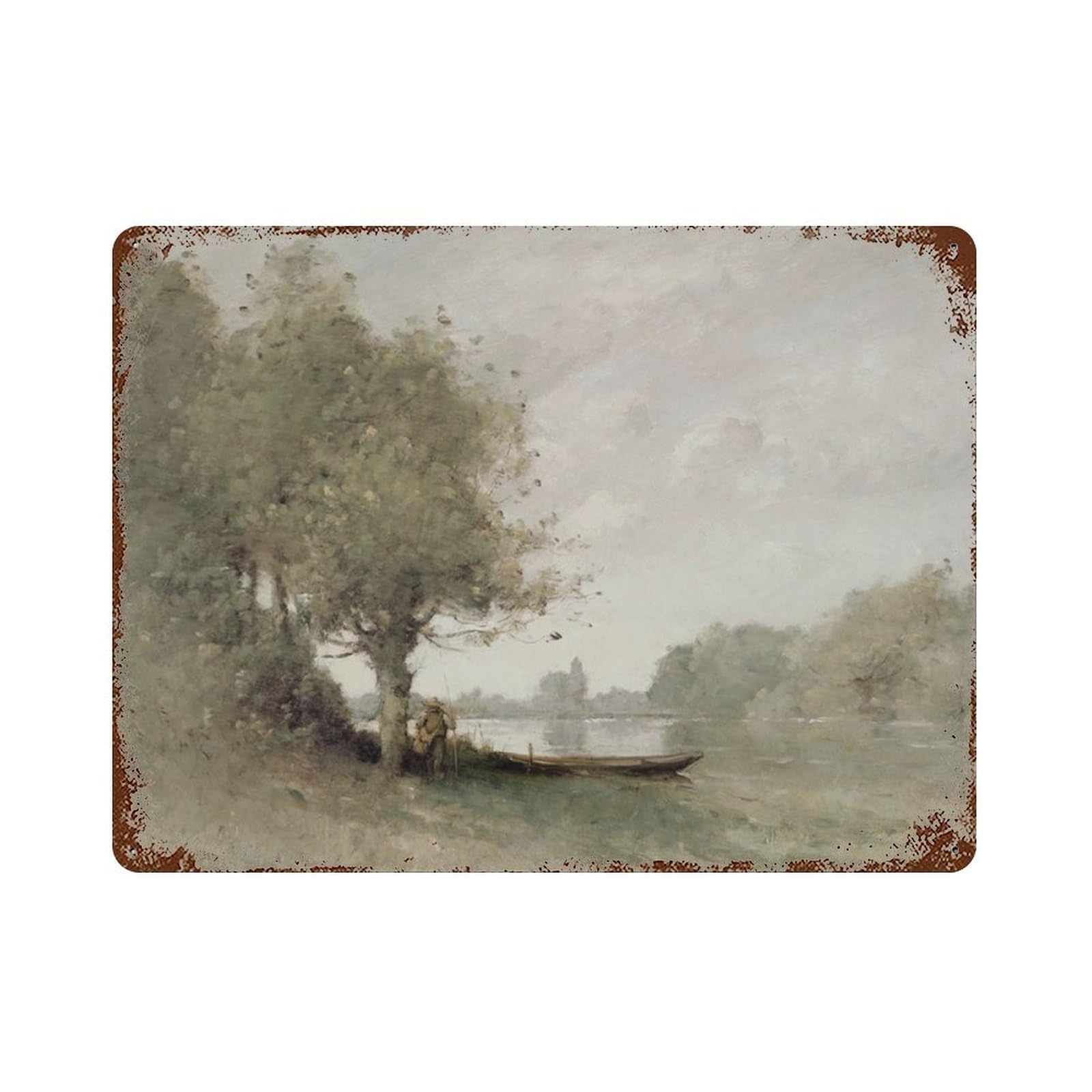 xiaoxiaoshen Muted Green Landscape Riverside Painting Wall Decor Art Metal Tin Poster Modern Home Decor Art Home Bar Shop Decorations Vintage Sign 30x40cm