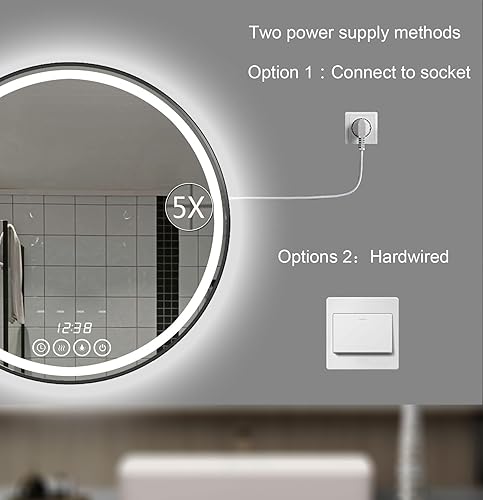 Miniatura 8 de Espejo de baño redondo retroiluminado de pared de 24 pulgadas con luces LED, espejos de tocador con marco regulable (24 x 24 pulgadas, negro)