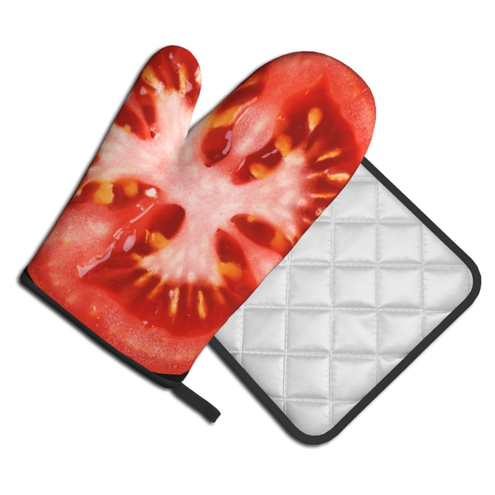 Oven Mitts and Pot Holders Set of 2 Pcs, Tomato Slice Printed Heat Resistant Kitchen Gloves Potholders for Cooking Baking Grilling