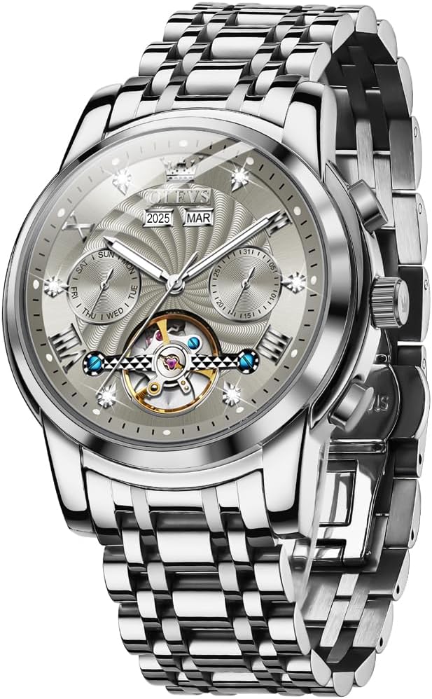 OLEVS Mens Automatic Mechanical Watches Luxury Diamond Wristwatch Black Self Winding Skeleton Tourbillon Stainless Steel