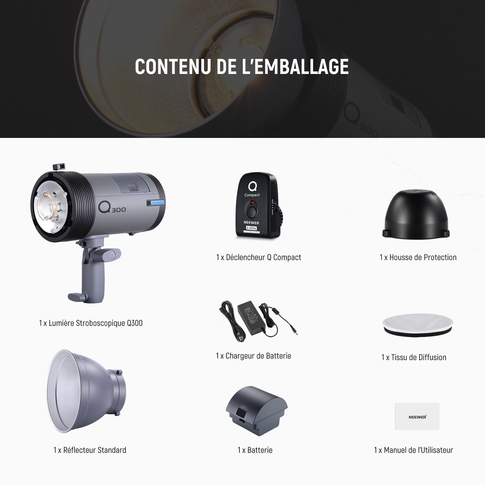 NEEWER Q300 Flash de Studio Extérieur 300Ws 2,4G avec Déclencheur sans Fil Q Compact, Batterie Li-ION 7800mAh,éclairage Stroboscopique pour Studio Photo,Monobloc sans Fil 1000 Flashs Pleine Puissance
