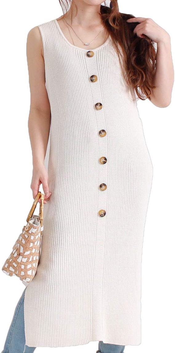 Amazon Co Jp ゴールドジャパン 大きいサイズ レディース 前ボタン 付き サマーニット タンク ワンピース ノースリーブ 膝丈 スリット マキシ 服 ファッション小物