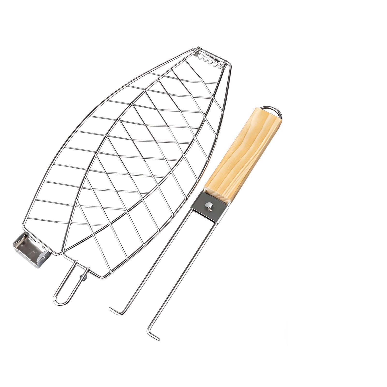 Generisch Kosz do grillowania ryb, składany ruszt do grillowania ze zdejmowanym drewnianym uchwytem, rozłożony 61 cm, blokada zapobiegająca ślizganiu się, przenośny, do grillowania na świeżym