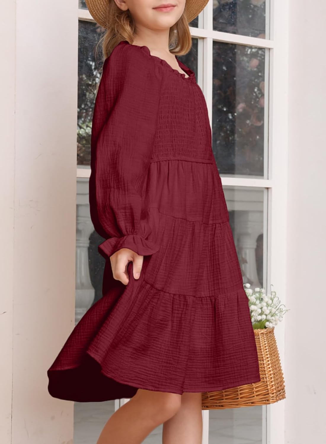 blibean Girls Cotton Long Sleeve Dresses Ruffled Boho Tiered Dress Size 6-15 Years - Image 3