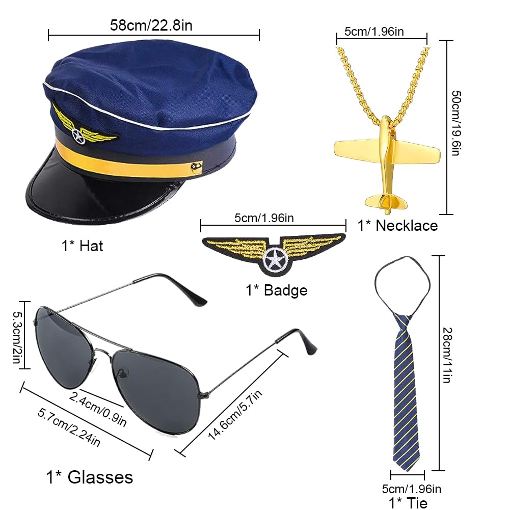 PIUMOJ Pilot Captain Costume Kit for Dress Up - Airline Pilot Accessories Set including Hat, Tie, Badge, Sunglasses, Necklace - Image 2