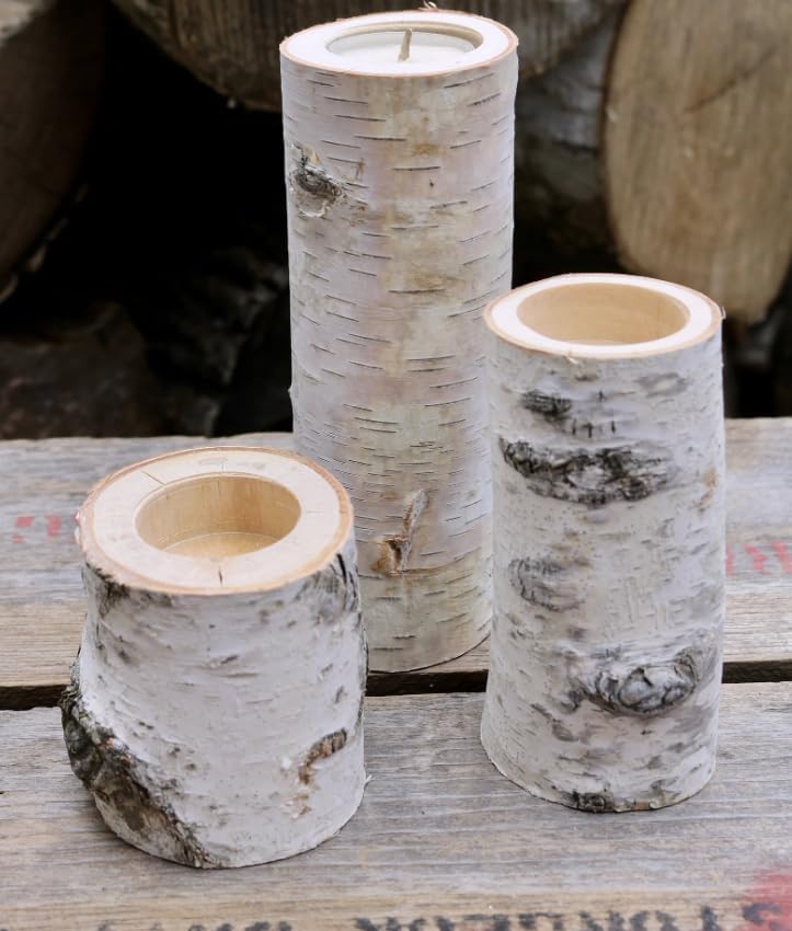 Miniatura 6 de Juego de portavelas de madera de abedul blanco rústico, decoración de centro de mesa de troncos naturales para bodas, vacaciones o uso diario, juego