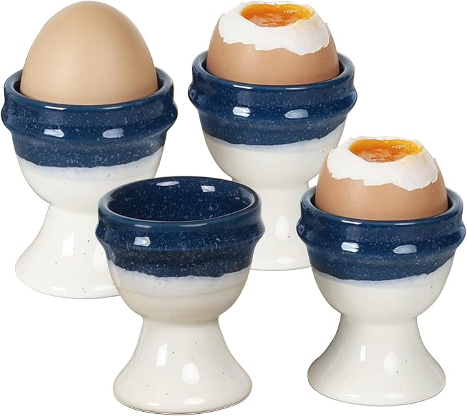 INGOFIN 4 Pcs Ceramic Egg Cups, Egg Holder for Soft and Hard Boiled Eggs, Store and Serve Easter Egg Holder, Tray Kitchen Gadgets Tools, for Home Breakfast & Cafe Decor, Blue&Beige