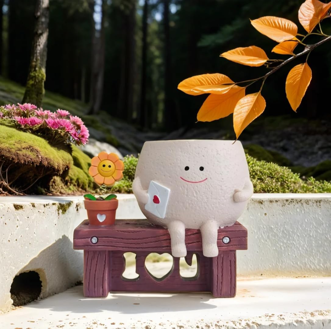 Creative Flowerpot Chair/Swing Smile Face Planter Resin Hanging Cute Head Planters Garden Decoration Creative Rocking Succulent Pot Home Garden Flower Container Study Room Decoration (Style A)