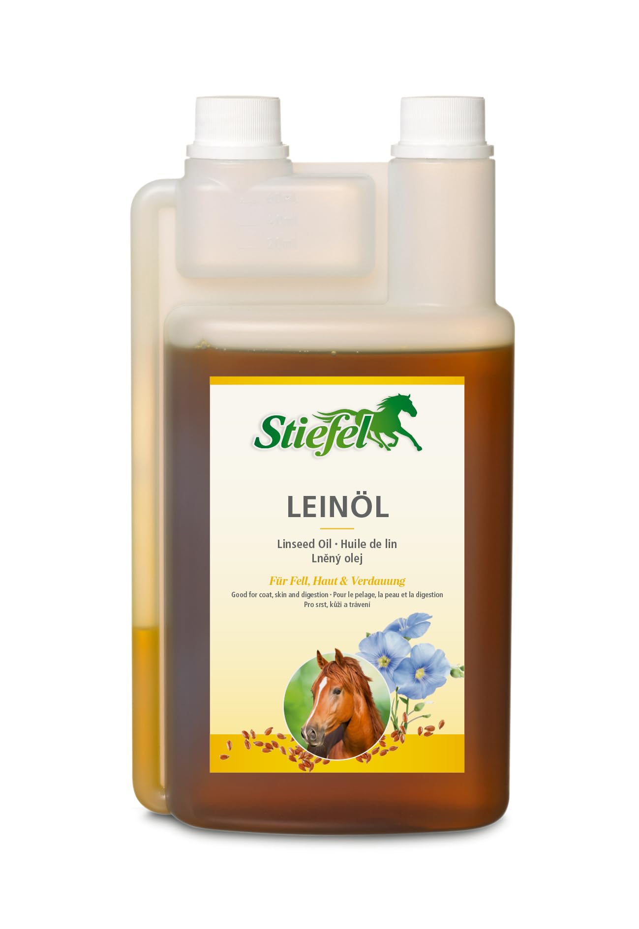 Stiefel Leinöl für Pferde, 100% naturreines Öl, kaltgepresst, kann den Fellwechsel, die Verdauuung & Haut unterstützen, flüssig mit Dosierflasche, 1l