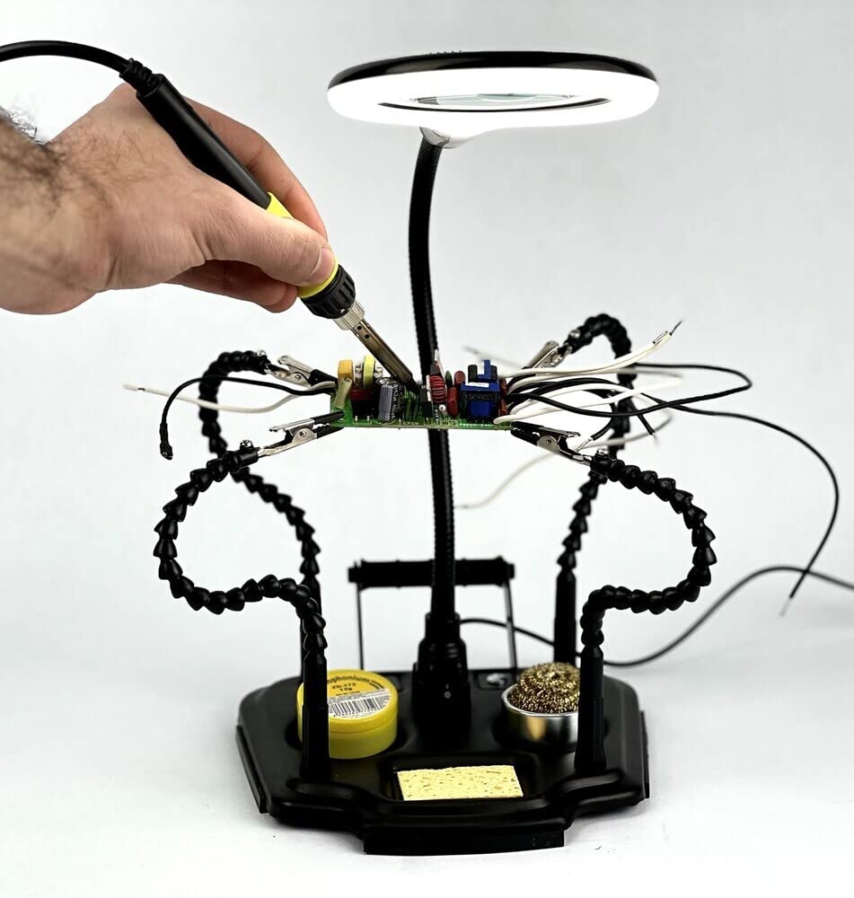 edi-tronic Helfende Dritte Hand flexibel Platinenhalter mit Zubehör Löthilfe mit LED Lupe