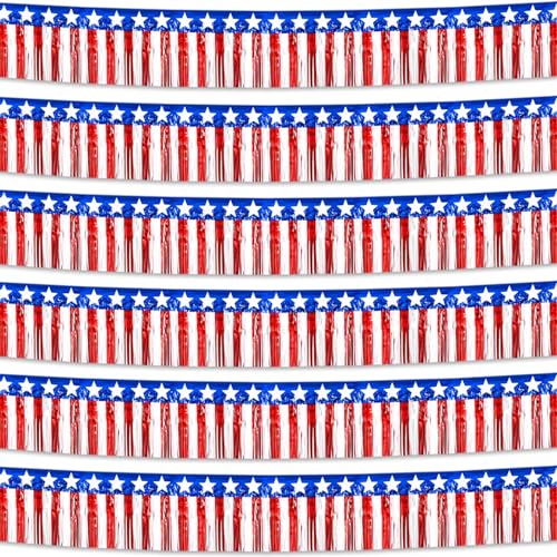 Image of 6 Pack 10 Feet Foil Fringe Garland Metallic Tinsel Streamers Banner Wall Hanging Backdrop Banner for Parade Floats, Thanksgiving, Christmas, Birthday, Halloween Party Decorations White red Blue