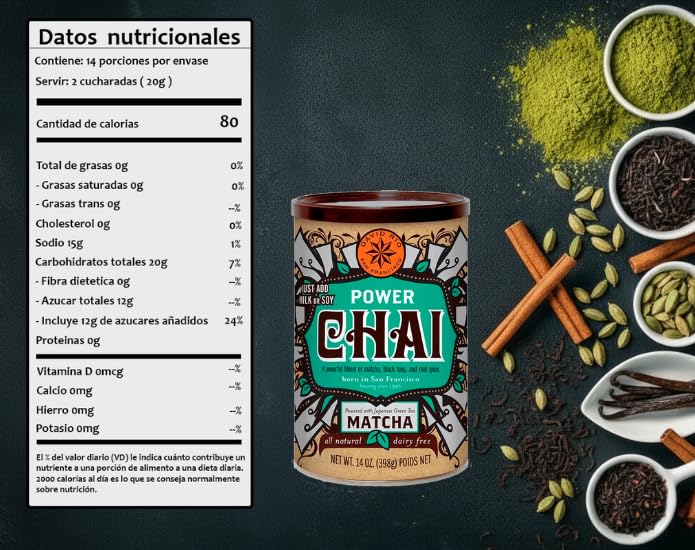 David Rio Power Chai Latte con Matcha, 14 Onzas, 2 x 398 g, Té, Vegano