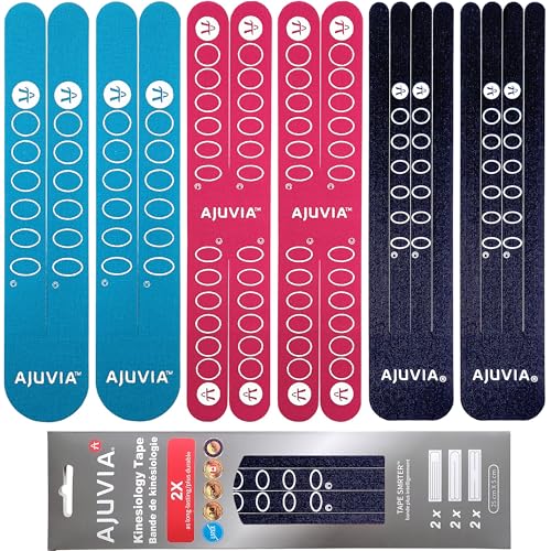 AJUVIA Synthetic Kinesiology Tape, Lasts up to 14 Days, Hypoallergenic Precut K Tape Elastic Bandages for Muscle Pain Relief and Joint Support - 10\" x 2\" (1 Envelope, 3 Colors, 6 Pieces)