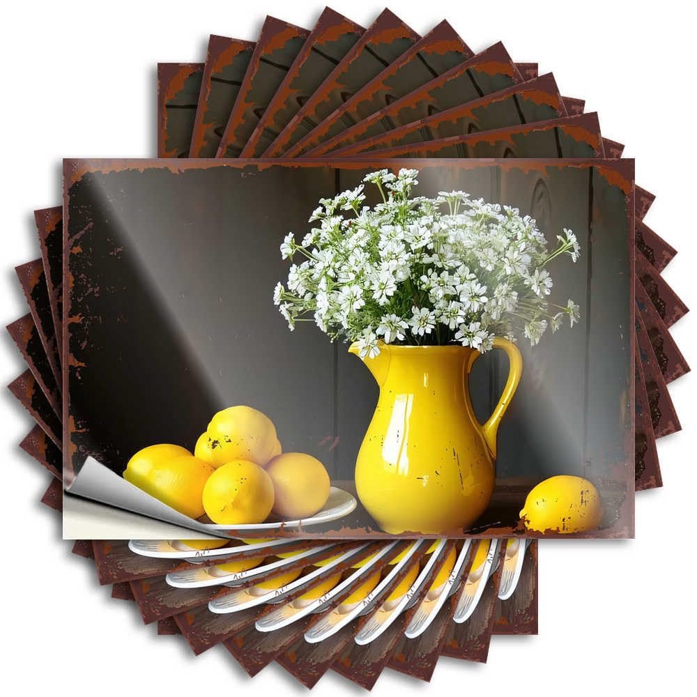Decor Bottle Decal - Yellow Pitcher with White Flowers and Lemons On Rustic Table Encouragement Durable Sticker Easy Apply for Gamer Decor(6X9CM)