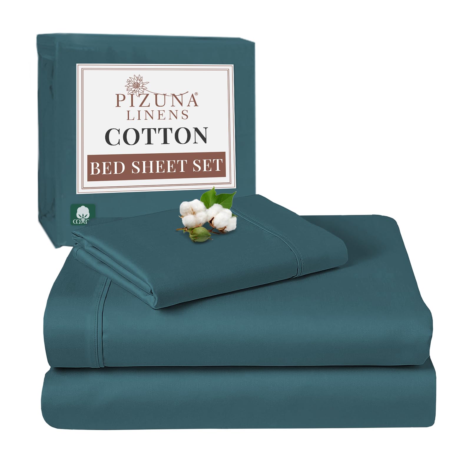 Pizuna Peacock Blue 100% Cotton Single Bed Sheet Set 400 Thead Count Long Staple Cotton Bedding Set 180X280 Cm, Soft Sateen 3 Pc Single Bed Sheet Set - Fitted Sheet, Flat Sheet & 1 Pillowcase