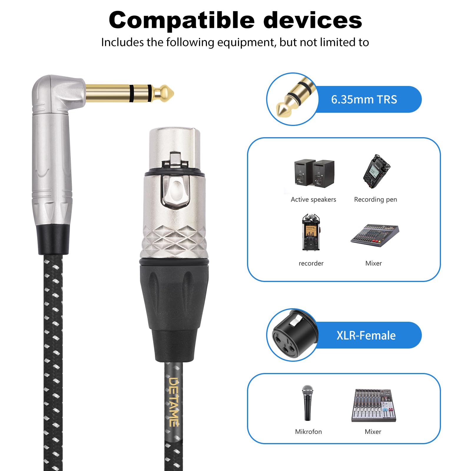 Cable mezclador XLR hembra a ángulo recto 1/4 TRS, ángulo recto de 6,35 mm a 3 pines XLR hembra para amplificador mezclador de micrófono