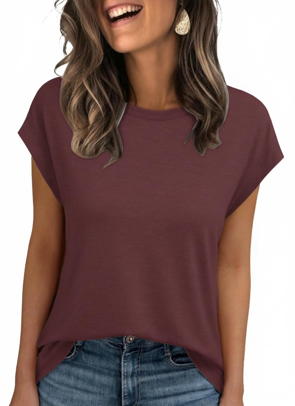 AirMood Lässiges Basic-T-Shirt für Damen, elegant, lockere Passform, Rundhalsausschnitt, Flügelärmel, burgunderfarben, XXL