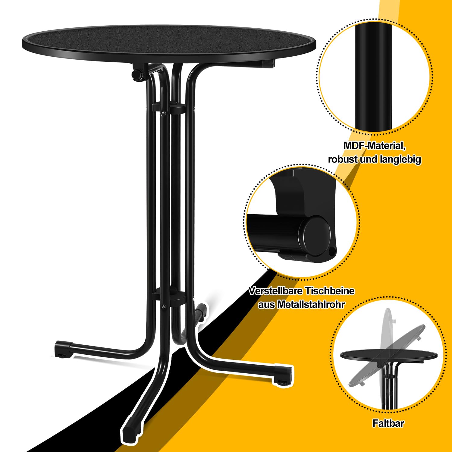 Sonnewelt Table haute pliable avec housse - Diamètre : 80 cm - Table de fête ronde pour l'intérieur et l'extérieur - Hauteur : 110 cm - Résistante aux intempéries - Pieds réglables en hauteur - Noir
