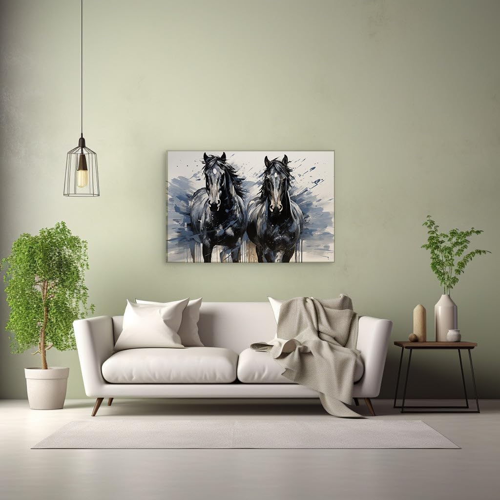 Canvas for Living room. Galloping Grace: Capturing the Dynamic Elegance of Black Horses in Digital Art, 27 x 18 inch Canvas Wall Art - Contemporary Masterpieces - Nature Home Decor
