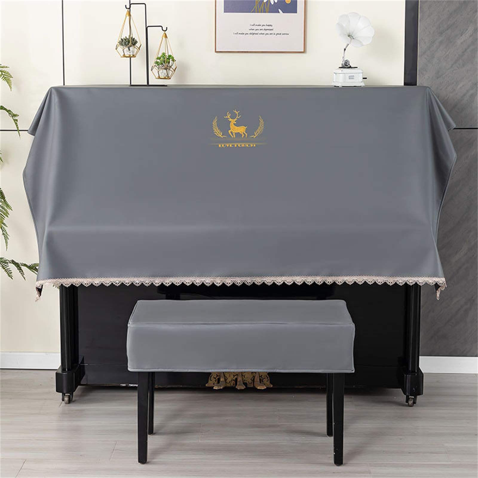 Telo Antipolvere Impermeabile per Pianoforte con coprisgabello, Copertura Protettiva Universale per Pianoforte Verticale con Orlo in Pizzo, Copertura Decorativa Ricamata per Mezzo Pianoforte