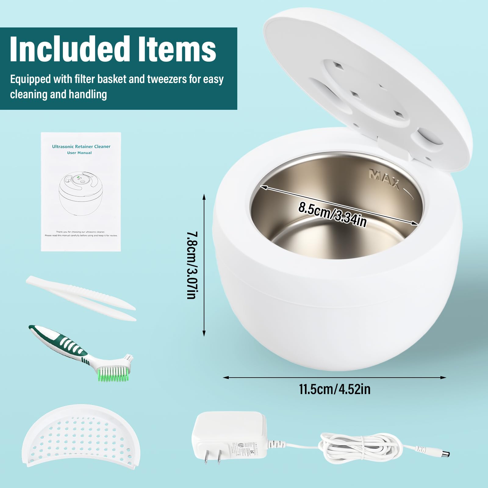 Nettoyeur Ultrasons 45kHz avec Lampe UV, Bac Ultrasonic Cleaner 200ml pour Prothèses Dentaires, Gouttière Dentaire, Aligneurs, Retainer, Bijoux