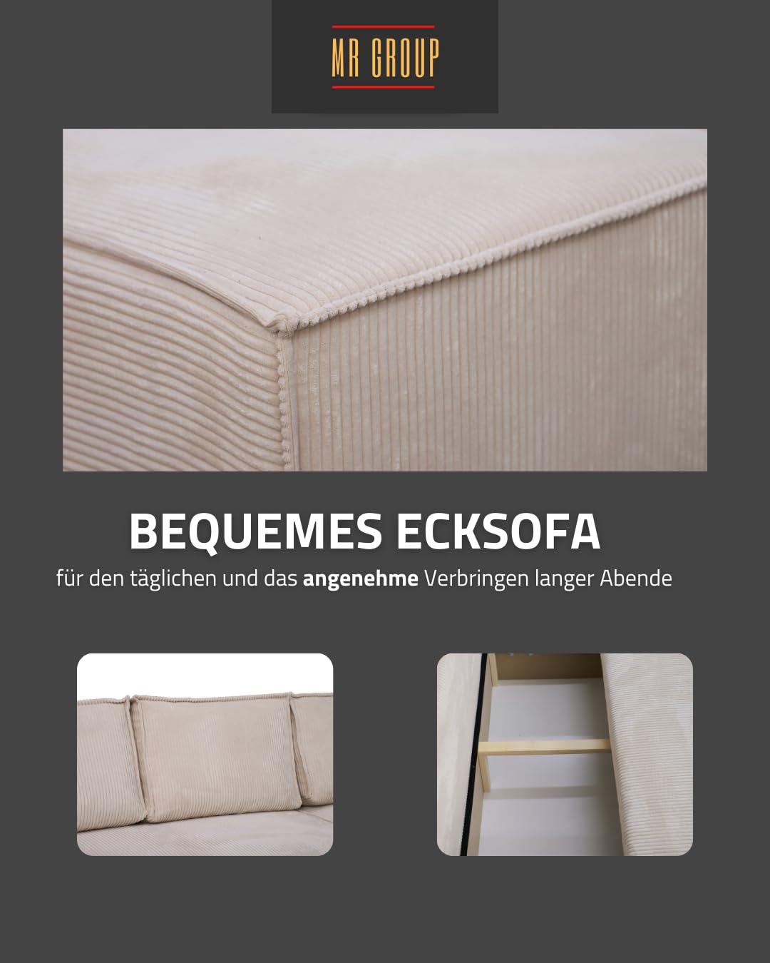 Ecksofa L Form Bergamo 240x142 cm mit Schlaffunktion und Bettkasten Couch Cord Schlafsofa Schlafcouch universale Seite klein Flur Sofa, 3 Sitzer Wohnlanschaft Cornersofa Bettsofa Kissen beige