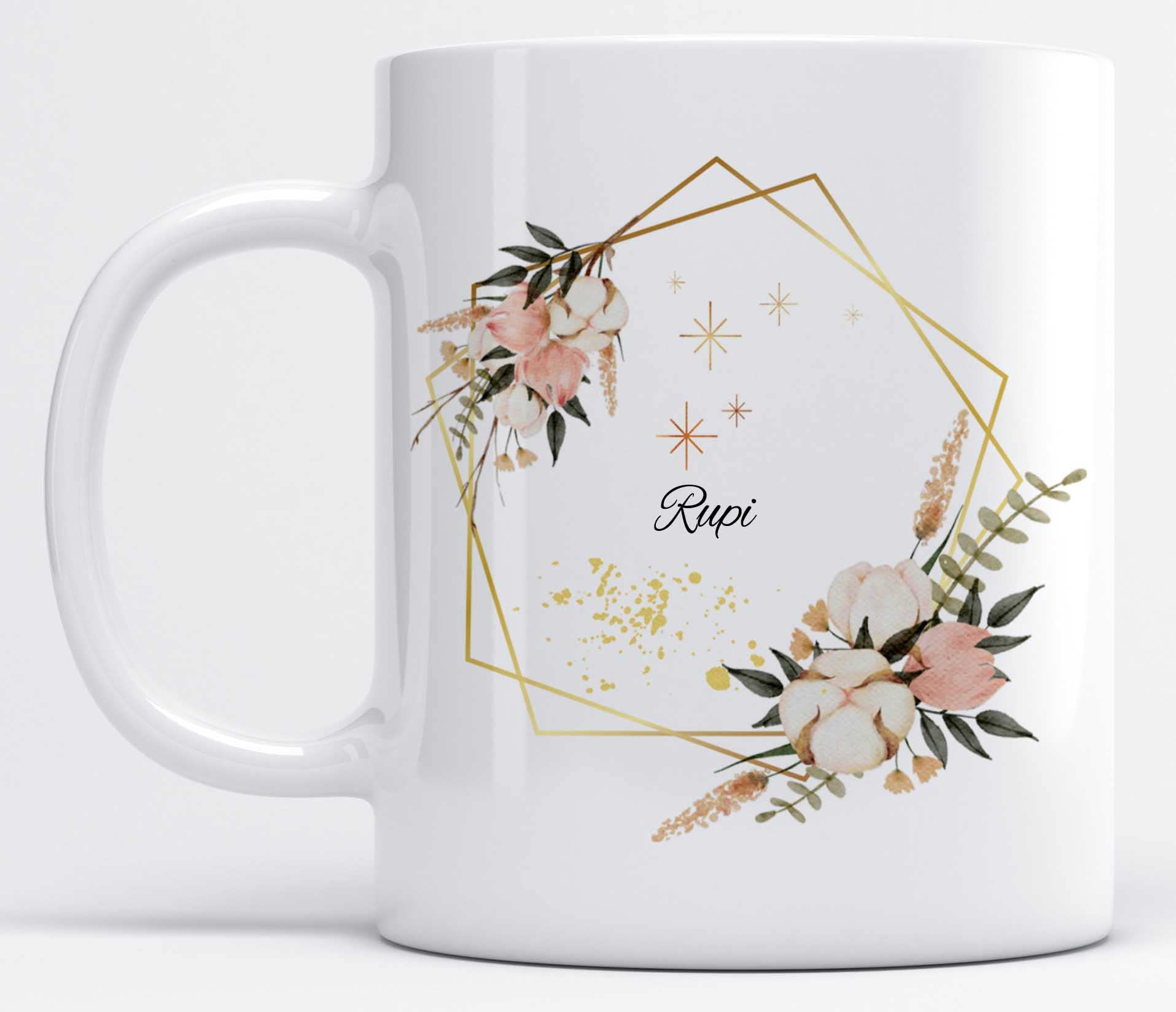 LOROFY Name Rupi Printed Pentagon Floral Design White Ceramic Coffee Mug (350ML)