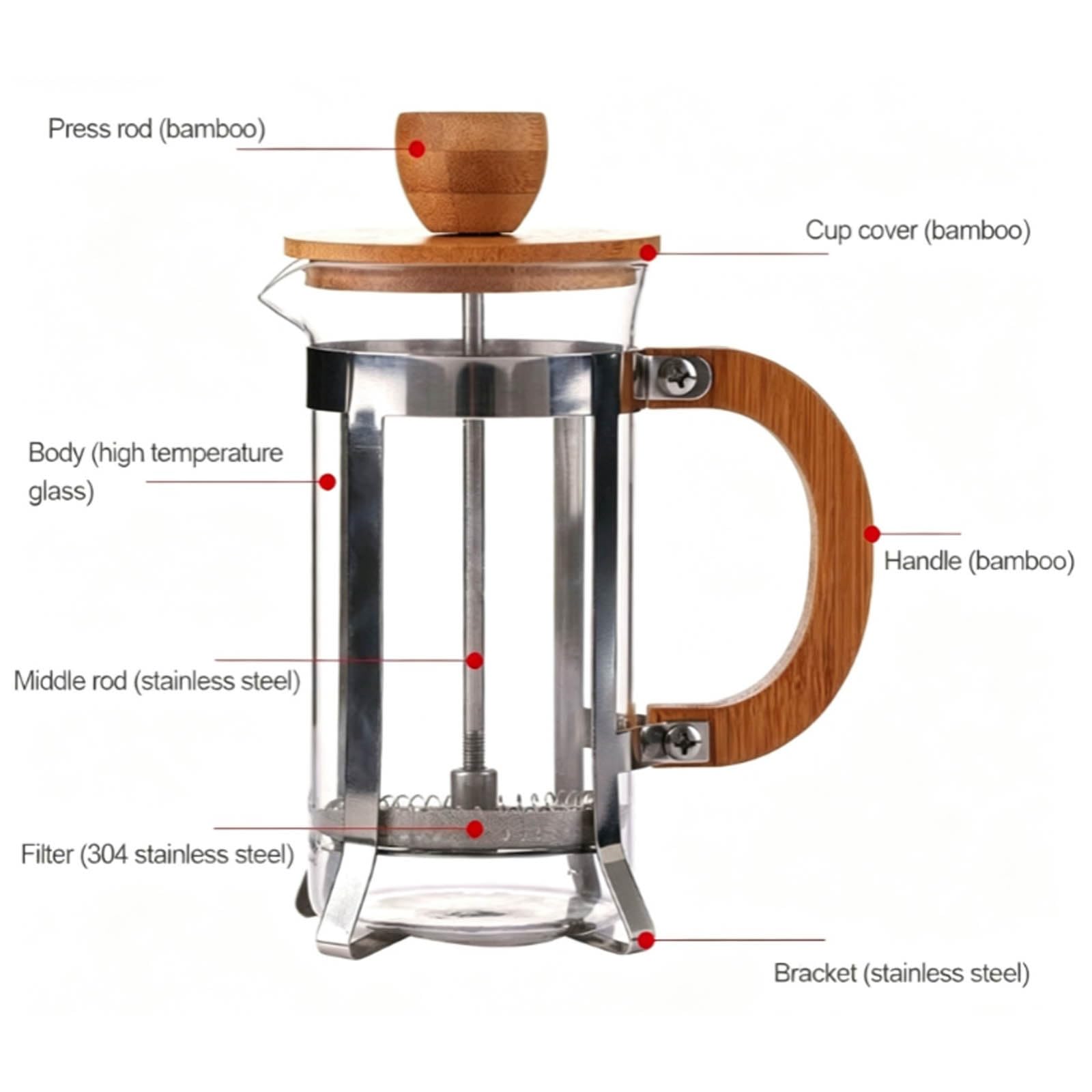 Cafetera émbolo Francesa con Tapa y asa bambú para Preparar Capuchino Moca | Cafetera émbolo, cafetera vidrio con tapa y asa de bambú, para hogar, oficina, viajes, individual(800ML)