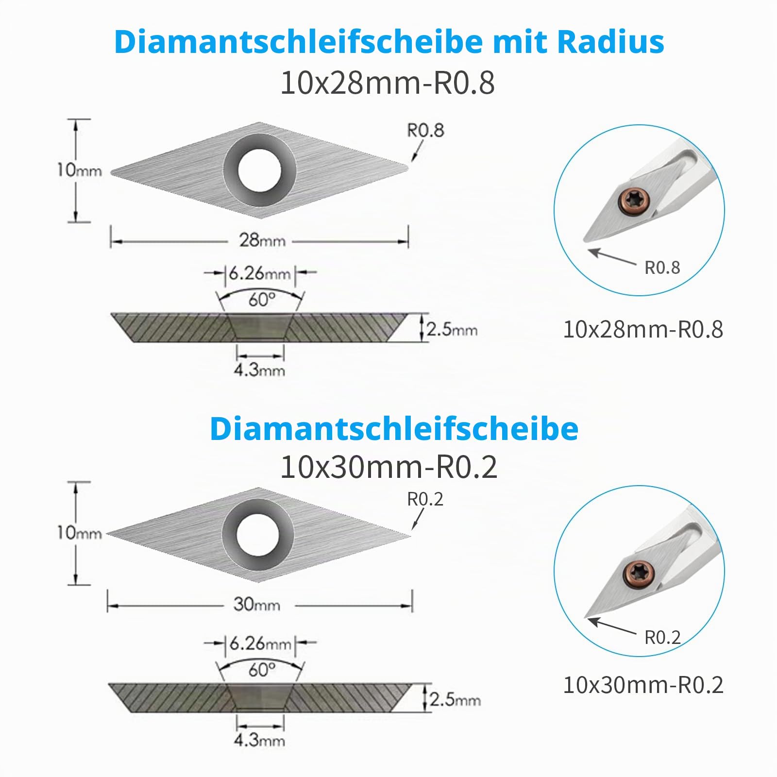 Hartmetall Wendeschneidplatten Set fur DrehmeiBel, 10 Stück CNC Hartmetall Drechselwerkzeuge für Holz Drechselwerkzeug, Hartmetalleinsätze (Vierkant, Rund, Diamant)