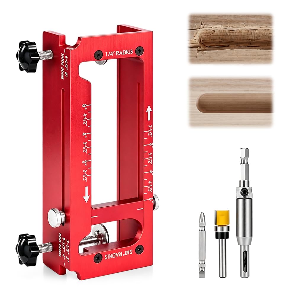 Door Hinge Jig, Aluminum Alloy Router Mortise Template, Adjustable Cut Out Tool for 2.5" to 5" Hinges, Hinge Installation Tool for Cabinet &amp; Interior Doors (Red)
