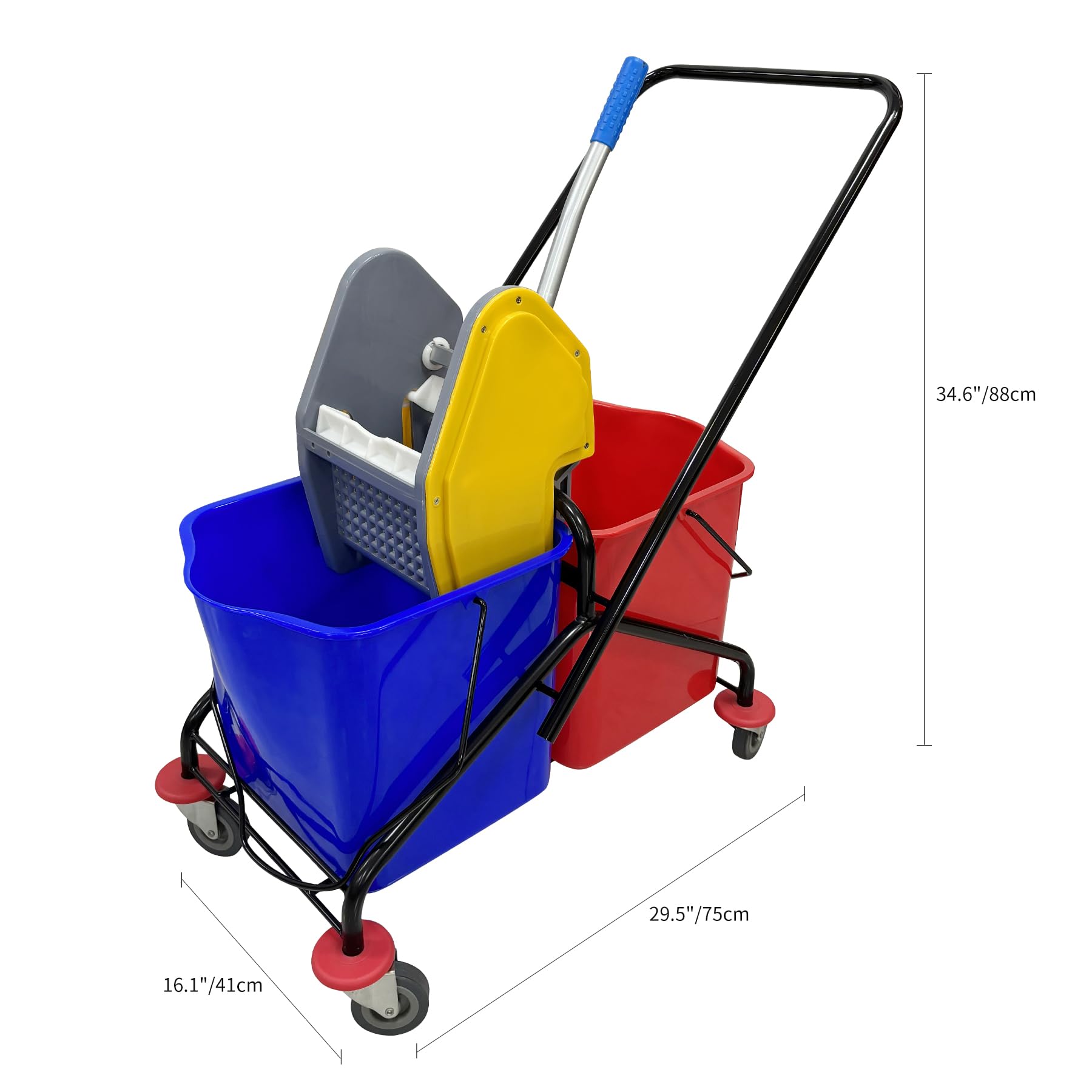 Cubo industrial para fregona de 6.5 galones de capacidad, carrito de fregona doble con escurridor, carros rodantes con ruedas, fregona giratoria y cubo (revestimiento en polvo, prensa de