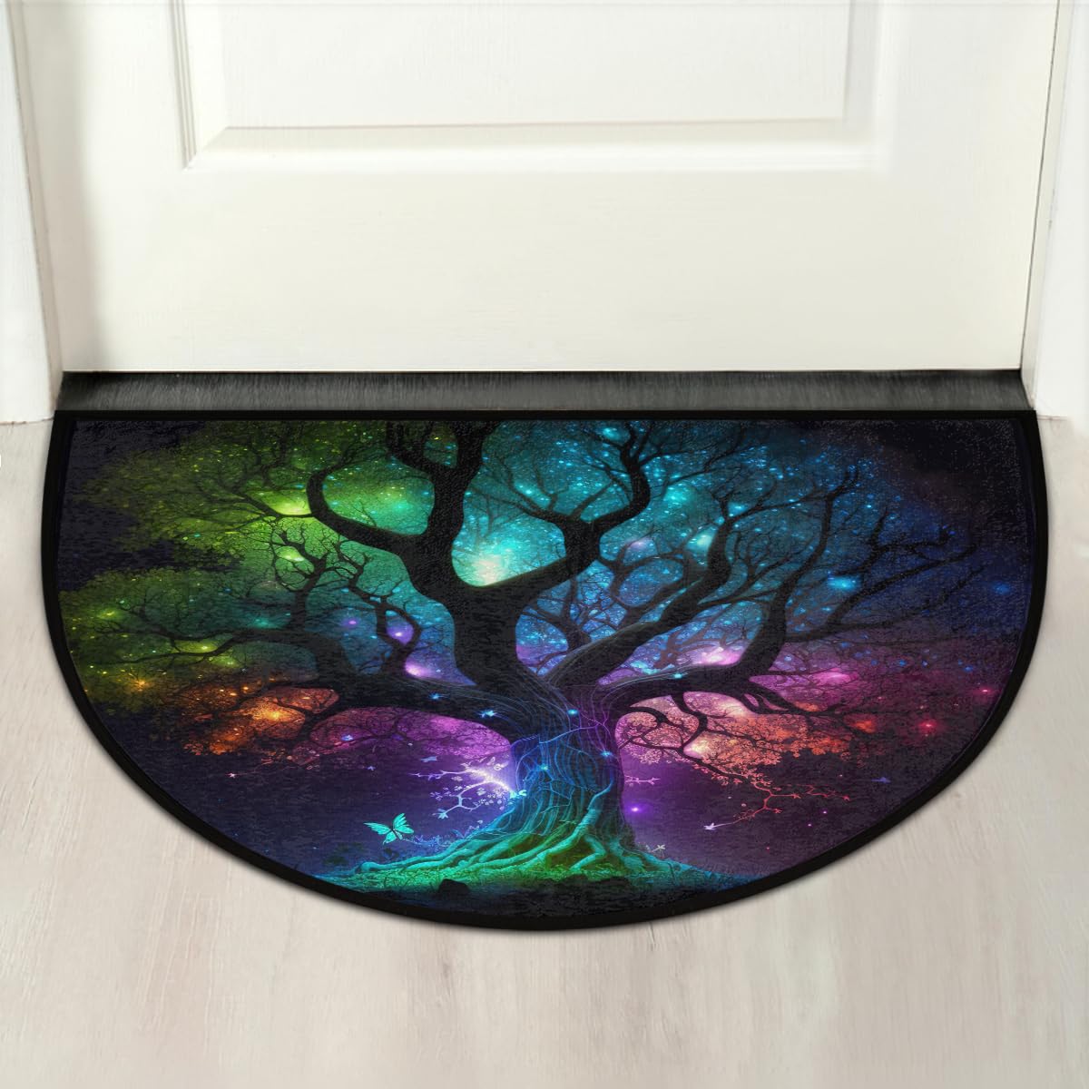 Alfombra semicircular Lavable con diseño de árbol de la Vida galáctico.