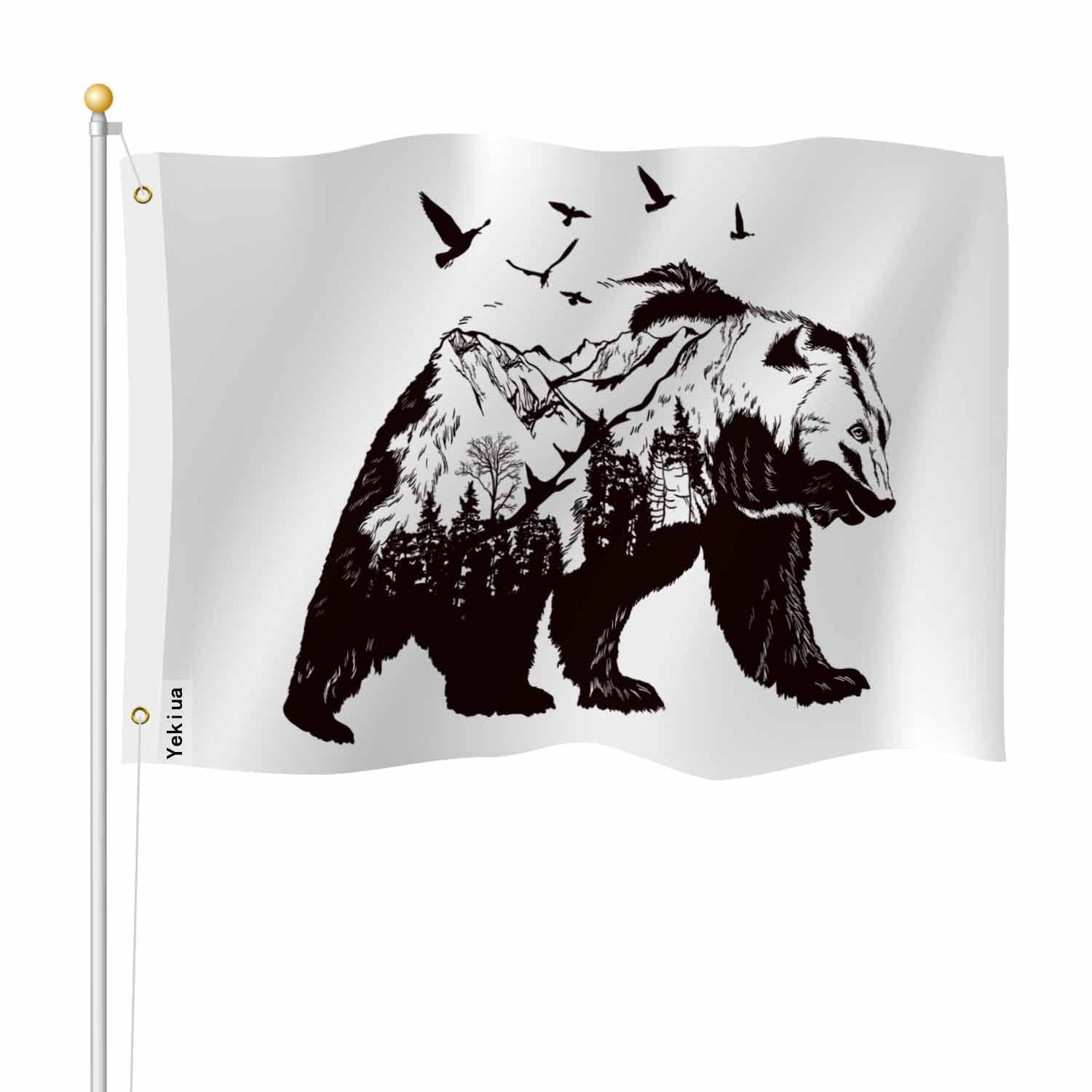 Yekiua Bear Flag 3X5 Ft Outdoor Abstract Wildlife Birds Mountains Trees Premium Strongest Longest Lasting Flag Vivid Color With Brass Grommets Black White