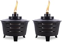 TIKI Mini Fire Pit Tabletop Torches 2-Pack - Black Metal Outdoor Decor for Patio, Backyard, Garden - Long Wick & Snuffer Included