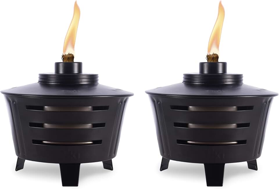 TIKI Mini Fire Pit Tabletop Torch 2-Pack, Outdoor Decorative TIKI Torch for Patio, Backyard, and Garden, Black Metal Tabletop Flame Torch, Includes Long Lasting Wick and Snuffer