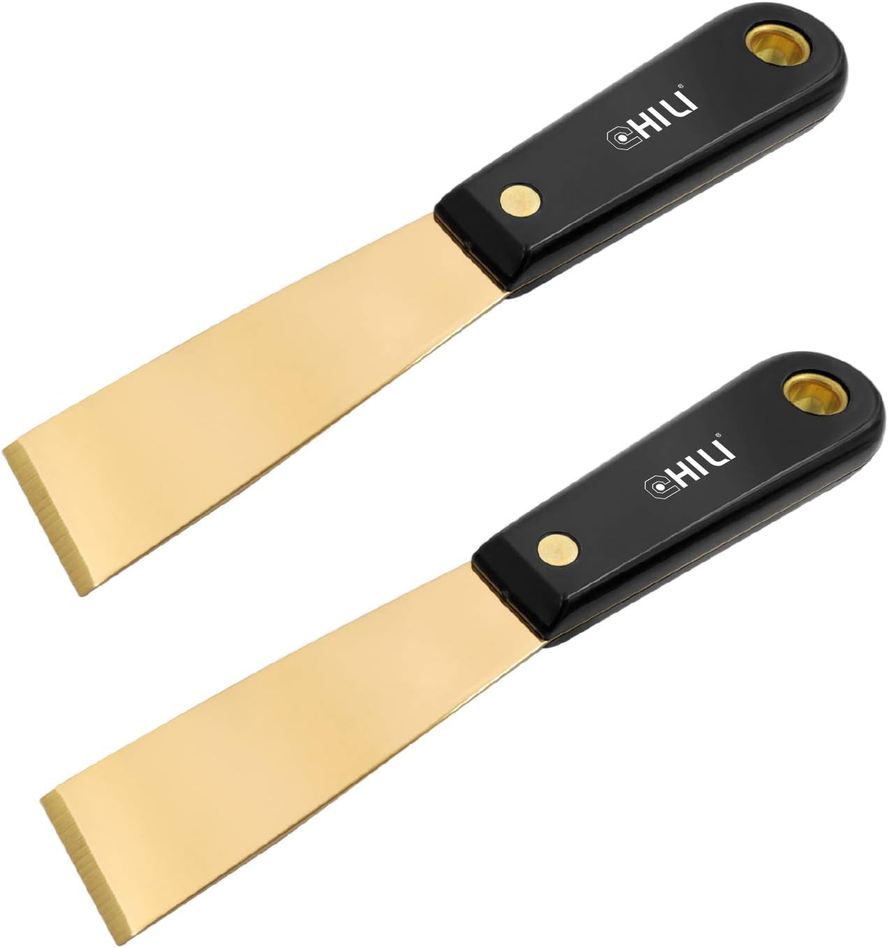 CHILI Tools. 1-1/4" Brass Putty Knife with Non-Spark, Non-Scratch, Non-Magnetic Brass Full Tang Blade, Sharp Grounding Tip and Durable Nylon Handle for Scraping in Tight Areas, Made in Taiwan