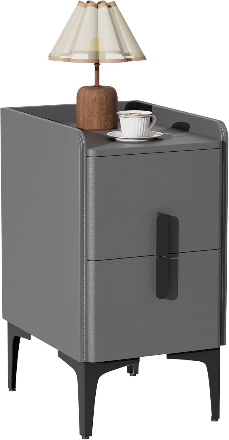 VICITON Narrow Nightstand with 2 Drawers, Narrow Side Table Leather Surface, Slim Bedside Table for Bedrooms, Dormitories, Living Rooms (Light Gray, 15.7" D x 11.8" W x 22.4" H) Light Gray 15.7"D x 11.8"W x 22.4"H