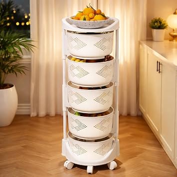 Honrane Rotating Storage Rack for Kitchen, 5 Tier Rotating Basket Storage Cart, Large Storage Shelf Cart with 360 Degree Wheels & Top Lid, for Living Room, Office