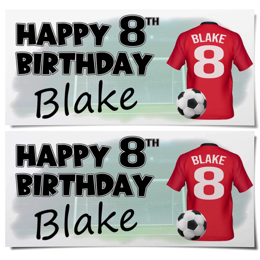 Personalised Football Birthday Banners – Red Shirt Black Collar Colour Shirts with Any Name & Age/Number – Boys & Girls Party Decoration – Custom Birthday Supplies (Pack of 2)