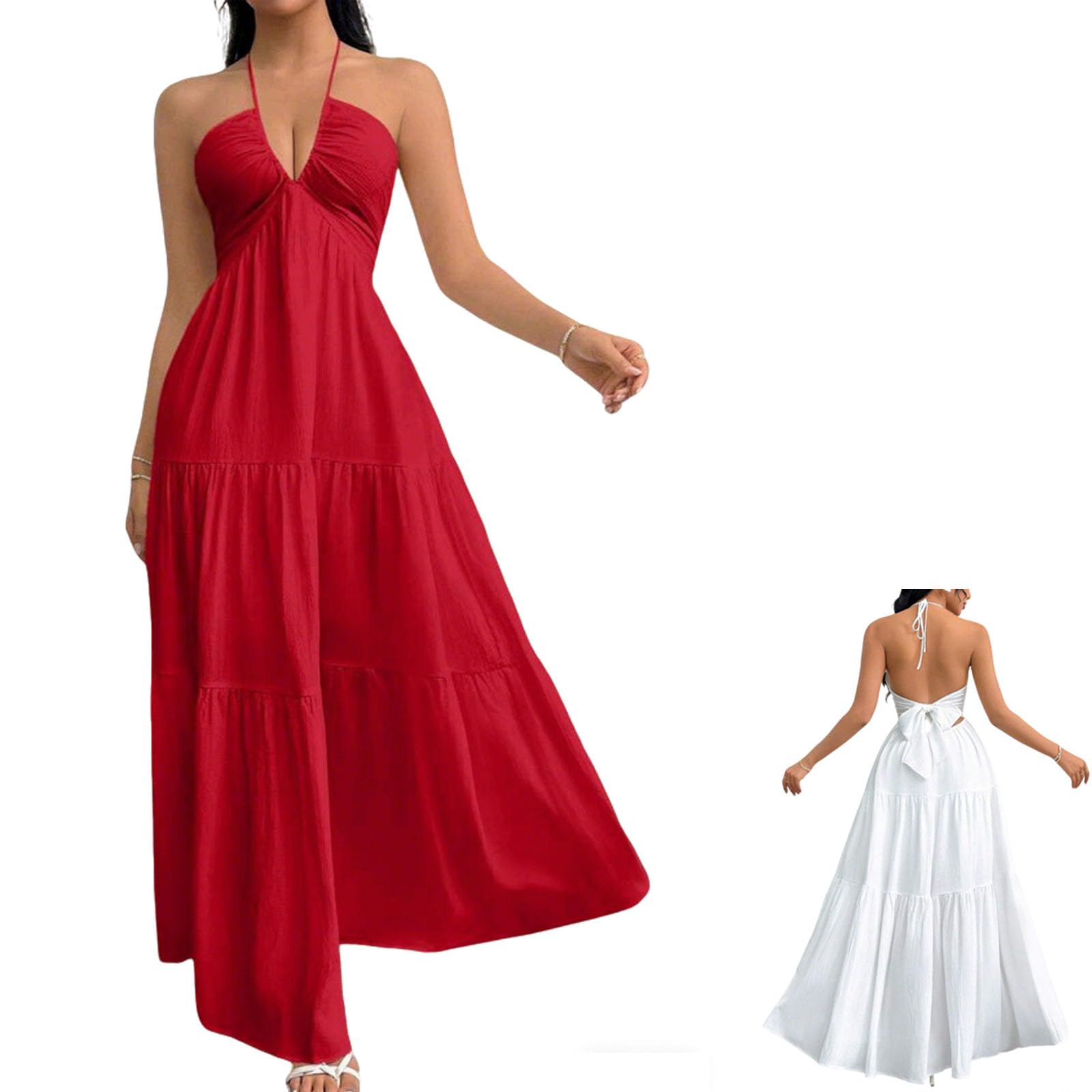 Robe Longue Femme Dos Nu à col Halter et Volants superposés – Robe d'été Fluide, décolleté en V Profond et Liens au Dos
