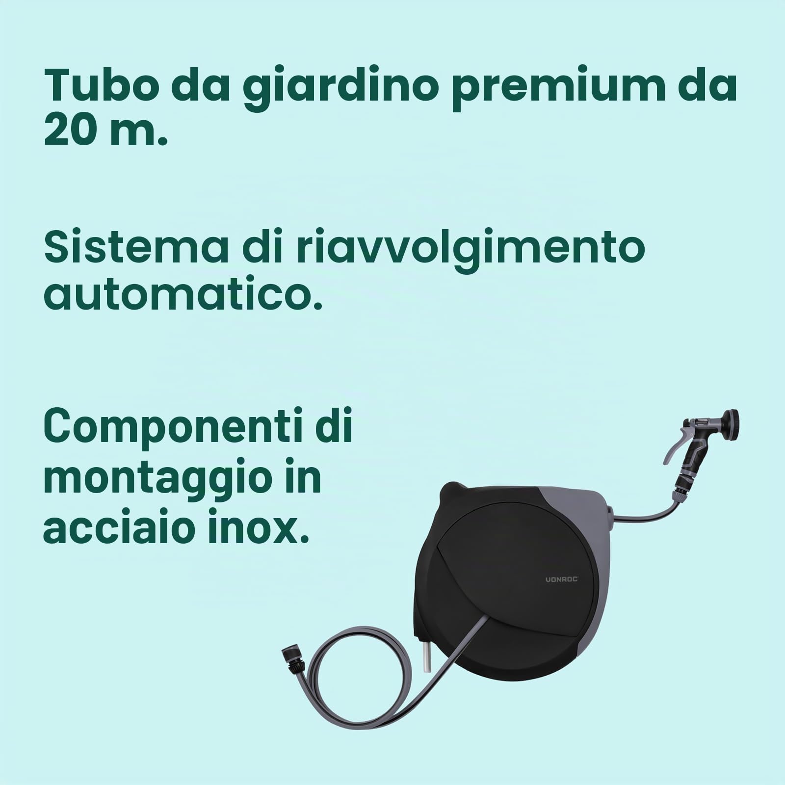 VONROC Avvolgitubo Automatico con Tubo Premium 20 m | Riavvolgimento Automatico | Pistola a 8 Getti | Avvolgitubo da Parete per Irrigazione Giardino, Grigio