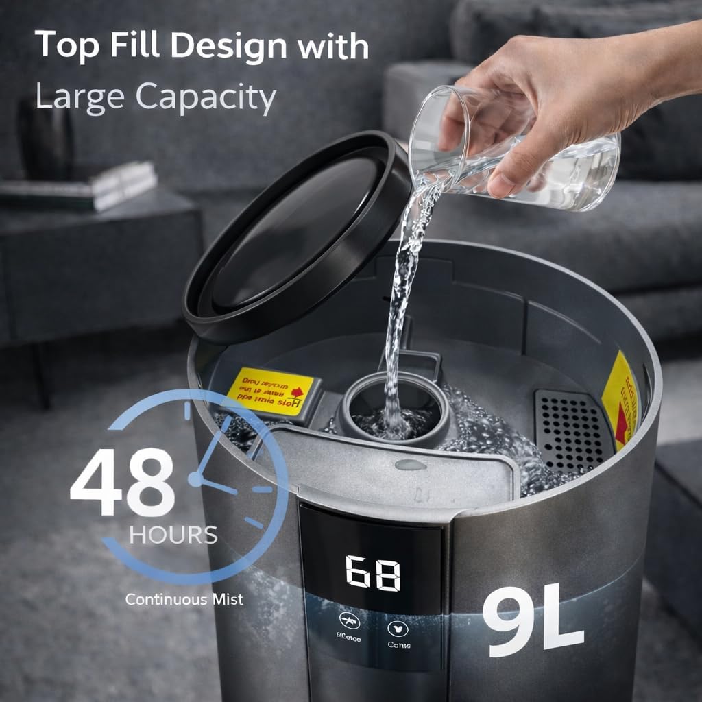 9L Large Humidifier for Bedroom, 28dB Whisper Quiet Cool Mist Humidifier for Home Office, Top Fill, 500sq.ft Coverage, Smart Humidity Control, Sleep Mode & Timer