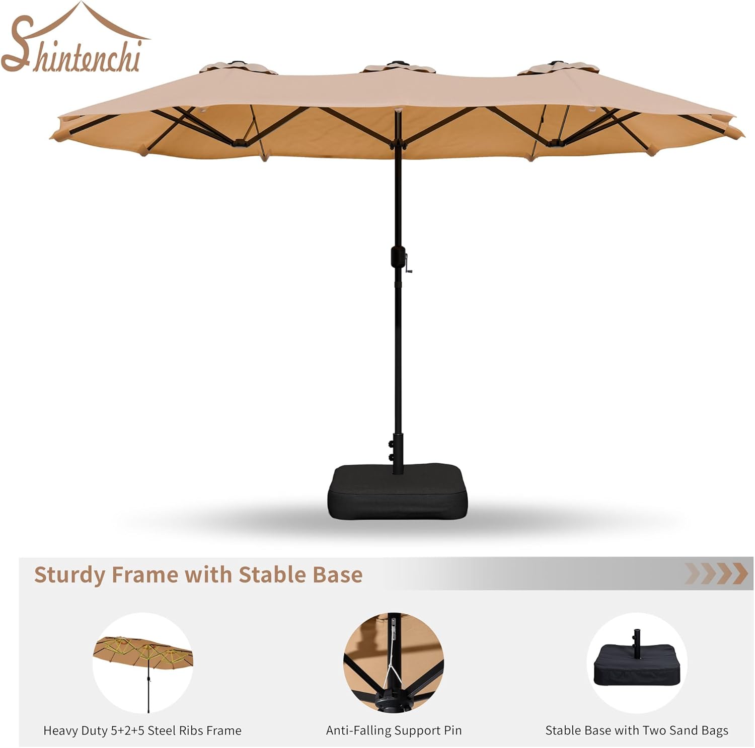 Shintenchi 16FT Large Patio Umbrella with Base Included, Outdoor Double-Sided Rectangular Shade with Crank Handle for Poolside Lawn, Deck & Garden, Khaki