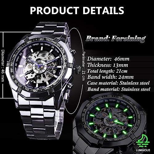 Image of FORSINING Men's Watch Self-wind Skeleton Hollow Out Mechanical Automatic Luxury Watches, Blue Black Stainless Steel Band Waterproof Wristwatch