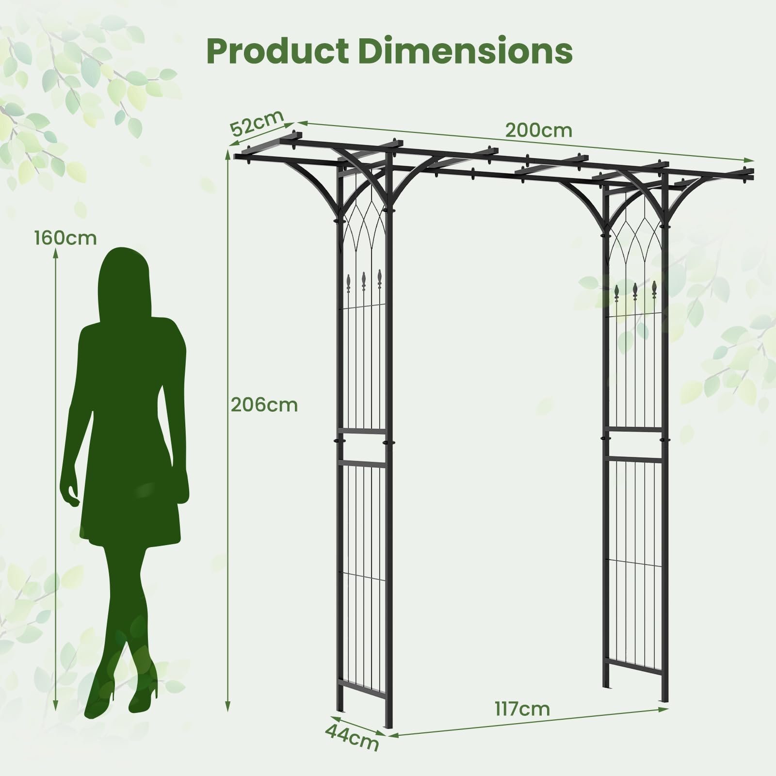 HOMASIS Arco da Giardino in Metallo, Graticcio Decorativo per Piante Rampicanti, Rose e Viti, Arco Metallico per Esterno, Giardino, Prato e Cerimonie di Matrimonio, 200 x 52 x 206 cm, Nero
