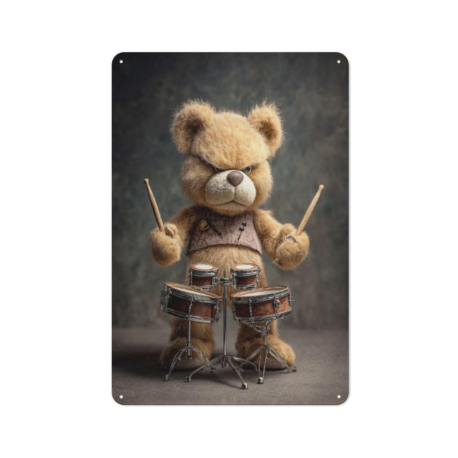 Junmoney Style-23 Grumpy Teddy Bear Drummer Poster, Picture, Metal Print, Paint By Creed Tin Wall Sign 30X20cm, Country Style Bistro Wall Plaque For Coffee Bar, Kitchen, Bistro Or Tea Corner