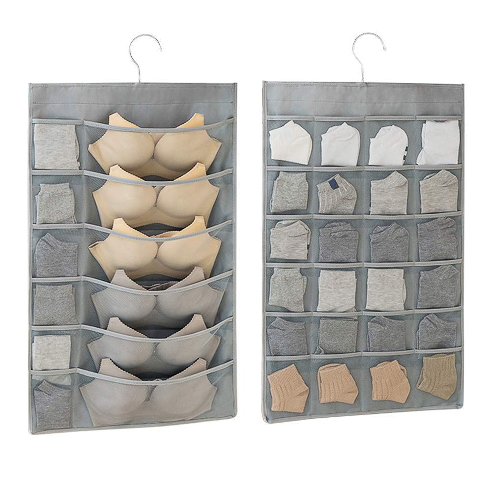 SHUTTLE GENIUS Bra Storage Organizer, Closet Hanging Storage, Dual Sided Bra Stocking Clothes Underwear Hanger for Bedroom, Living Room, Bathroom, Study, Kitchen, Office（36 Pockets,Grey