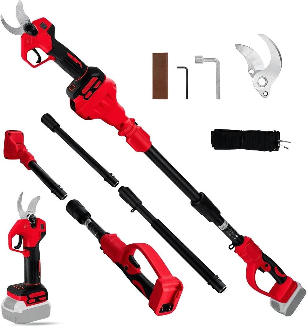 Cordless Pruning Shears Compatible with Milwaukee 18V Battery (No Battery), Brushless Handheld Electric Secateurs with 2 Gears, Digital Display, 30mm Cutting Diameter, Spare Blades (with 2m Pole)